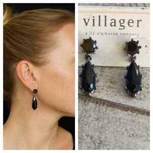 Liz Claiborne Vintage Villager Black Teardrop Earrings Elegant Dangle Rhinestone